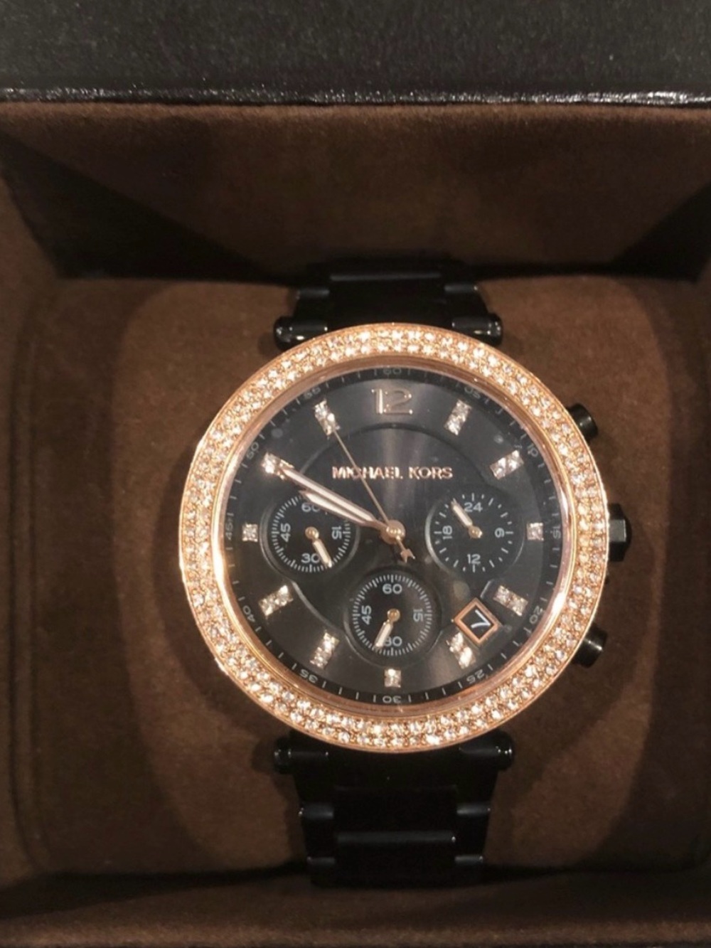 Michael Kors Black Dial Watch with Rose Gold Crystal Bezel